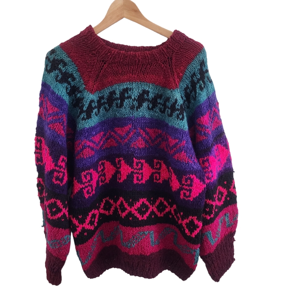 (L) Woman One of a Kind Handmade in Bolovia 100% Wool Sweater